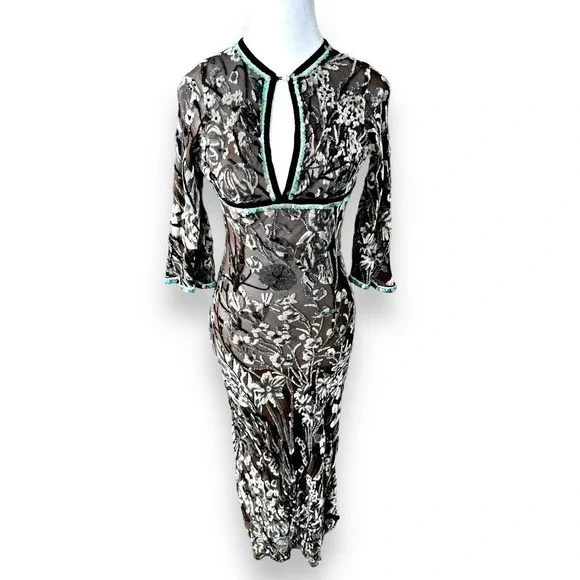 Voyage Invest In Original Dress Maxi Silk Velvet Sheer Mesh Sequin Sz M England